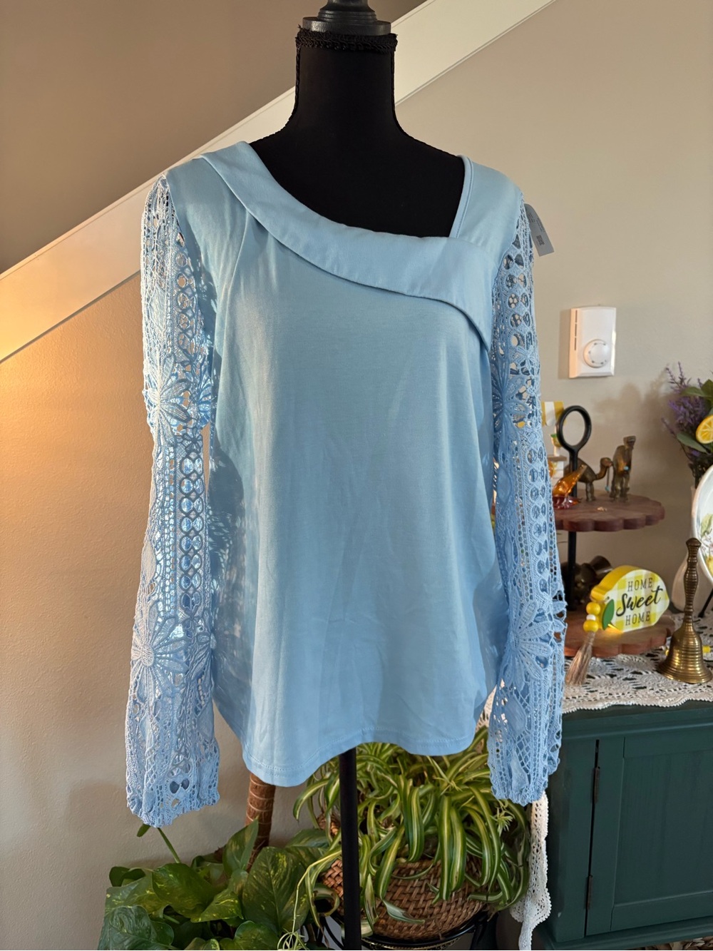 Women's Light Blue Lace-Sleeve Long Sleeve Top
